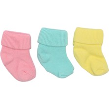 Unisex Pembe Turkuaz Sarı Kıvrık 3'lü Çorap 0-6 Ay