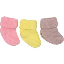 Unisex Sarı Pembe Lila Kıvrık 3'lü Çorap 0-6 Ay