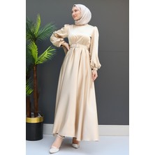 Saten Kemerli Elbise Gold