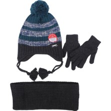 Erkek Çocuk Gri Yeşil Çizgili Ponponlu Triko Eldiven Atkı Bere Set 4-8 Yaş