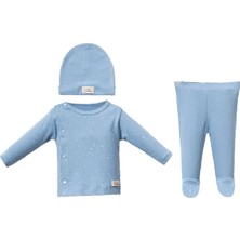 Bebegen Unisex Mavi Beyaz Noktalı Kendinden Eldivenli Bereli 3'lü Takım