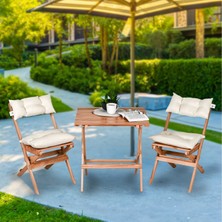 Bysay Ahşap Katlanır Puf Minderli 3 Lü Bistro Set Bahçe Takımı (Naturel-Krem)