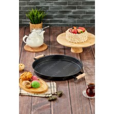 Metal Tepsi Ahşap Kulplu 36  cm  Çay Kahve Sunum Tepsisi Siyah