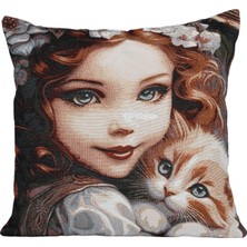 Belıeve Lıly Jakarlı Dokuma Goblen Dekoratif Insanlı Kedilisevimli Anime Kız Kırlent 45 x 45