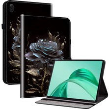 Digital Computer Home Honor Pad X8A Deri Kılıf Desenli Baskılı Standlı Tablet Kılıfı Kart Yuvalı-Siyah Gül (Yurt Dışından)