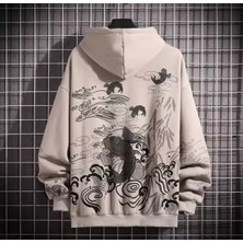 Amor Man Büyük Beden Özel Tasarım Kapüşonlu Japon Koı Balığı Sırt Baskılı Oversize Battal Erkek Sweatshırt