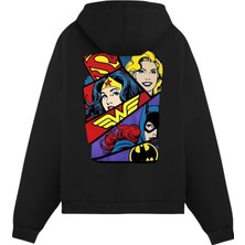 Unisex Siyah Superman Baskılı Oversize Fit Pamuklu Kapüşonlu Sweatshirt