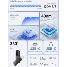 Eaget CF33  64Gb.Type-C ve Usb 3.2 Type-C Girişli Tüm Cihazlara iphone 15/16 Serisine Uygun Yüksek Hızlı Otg Flash Bellek Çift Giriş Metal Sağlam Orjinal