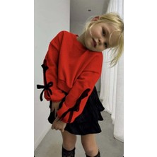 Kız Çocuk Kol Detaylı Fiyonklu Etekli Takım