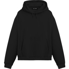 Unisex Siyah 911 Baskılı Oversize Fit Pamuklu Kapüşonlu Sweatshirt