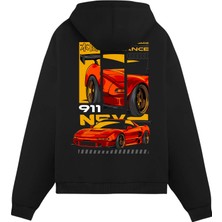 Unisex Siyah 911 Baskılı Oversize Fit Pamuklu Kapüşonlu Sweatshirt