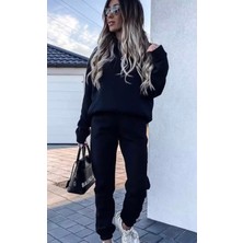 Amor Face Özel Tasarım Kapüşonlu Baskısız Düz Renk Şardonlu Kışlık Oversize Kadın Eşofman Takımı