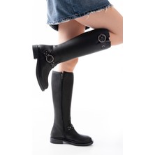 İnfon Ayakkabı Marketi 2024-3004 Siyah Toka Aksesuarlı Lastikli Fermuarlı Günlük Kadın Çizme