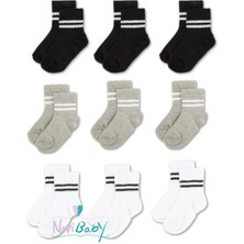 Novibaby 9'lu Pamuklu Çocuk Kolej Soket Çorap Bebek Unisex Kız Kadın Erkek Okul Çorabı, Beyaz Siyah Pembe