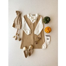 Küçüğüm Butik Kız Çocuk Bej Kaşe Kışlık V Yaka Jile Elbise