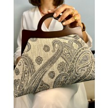 Jophiel Cassiel - Ahşap Burslu Kumaş Portföy Çanta, Clutch, El Çantası,çanta
