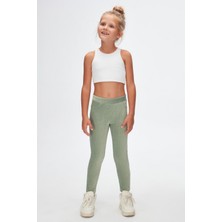 Çağla Yeşil Kız Çocuk Sahte Cepli Fitilli Kadife Tayt