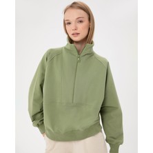Ayma Active Kadın Açık Yeşil Dik Yaka Sweatshirt - Yarı Fermuarlı Sweat, Uzun Kollu, Sertifikalı Organik Pamuk, Nefes Alan Kumaş, Günlük ve Spor Eşofman Üstü