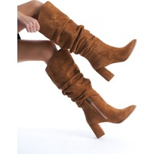 Kc Taba Süet Kalın Topuklu Kürüklü Kırışık Çizme