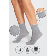 Bambu Kadın Beyaz Fırfırlı Lastiksiz Dikişsiz Kadın Soket 3lü Gri Çorap/iz Bırakmaz /sıkmayan Çorap