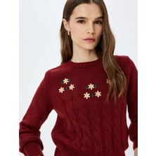 Koton Uzun Kollu Bisiklet Yaka Çiçekli Saç Örgü Dokulu Örme Kazak