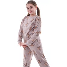 Nina Kids Pamuk Ceylan Desenli Bisiklet Yaka Kız Çocuk Pijama Takımı Kahverengi - 4-5 Yaş