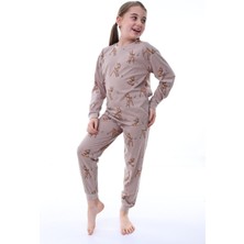 Nina Kids Pamuk Ceylan Desenli Bisiklet Yaka Kız Çocuk Pijama Takımı Kahverengi - 7-8 Yaş