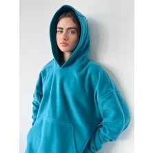 Retrobird Polar Kışlık Oversize Kapüşonlu Sweatshirt Unisex Petrol