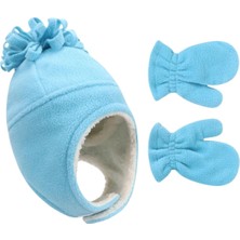 Petityu Bebek Mavisi Polar Yumuşacık Sıcacık Çocuk Bere Eldiven Set