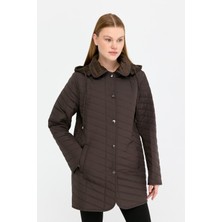 Desen Triko Kadın Kapüşonlu Enine Çizgili Araboy Kapitone Kaban Kahve