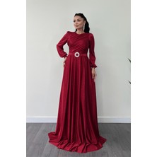 Simli Tül Kumaş Büzgü Detaylı Abiye Elbise - Kırmızı