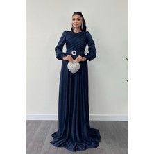 Simli Tül Kumaş Büzgü Detaylı Abiye Elbise - Lacivert