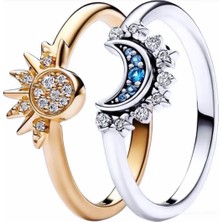 Hector Co Jewellery Gökyüzü Işıltılı Güneş ve Gökyüzü Mavisi Işıltılı Ay Yüzük Seti