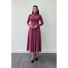 Pırıltılı Krep Kumaş Düğme Detaylı Midi Elbise - Gül Kurusu