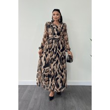 Şifon Kumaş Kemer Detaylı Maxi Elbise - Kahverengi