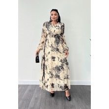 Şifon Kumaş Kemer Detaylı Maxi Elbise - Krem