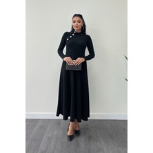 Pırıltılı Krep Kumaş Düğme Detaylı Midi Elbise - Siyah