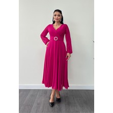 Şifon Kumaş Kemer Detaylı Midi Elbise - Fuşya