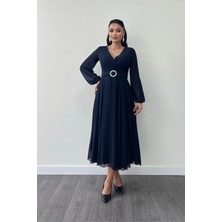 Şifon Kumaş Kemer Detaylı Midi Elbise - Lacivert