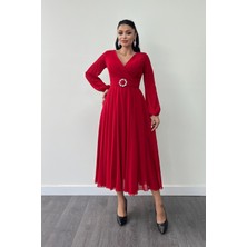 Şifon Kumaş Kemer Detaylı Midi Elbise - Kırmızı