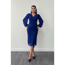 Şifon Kumaş Volan Detaylı Kalem Elbise - Saks Mavi