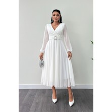 Şifon Kumaş Kemer Detaylı Midi Elbise - Beyaz