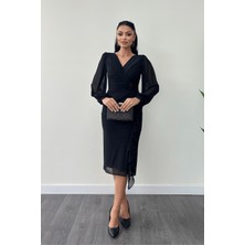 Şifon Kumaş Volan Detaylı Kalem Elbise - Siyah