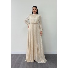 Pul Tül Payet Kumaş Büzgü Detaylı Kiloş Elbise - Gold