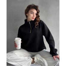 Two Blck Yarım Fermuar %100 Pamuklu Basic Unisex Sweatshirt