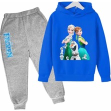 Kids Face Özel Tasarım Kapüşonlu Elsa ve Arkadaşları Baskılı Şardonlu Kışlık Kız Çocuk Eşofman Takımı