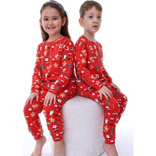 Nina Kids Yılbaşı Temalı Pamuk Unisex Çocuk Bisiklet Yaka Kırmızı Pijama Takımı