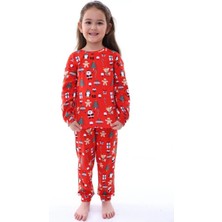 Nina Kids Yılbaşı Temalı Pamuk Unisex Çocuk Bisiklet Yaka Kırmızı Pijama Takımı