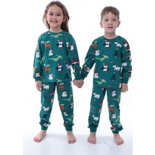Nina Kids Yılbaşı Temalı Pamuk  Çocuk Bisiklet Yaka Yeşil Pijama Takımı