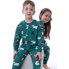 Nina Kids Yılbaşı Temalı Pamuk  Çocuk Bisiklet Yaka Yeşil Pijama Takımı